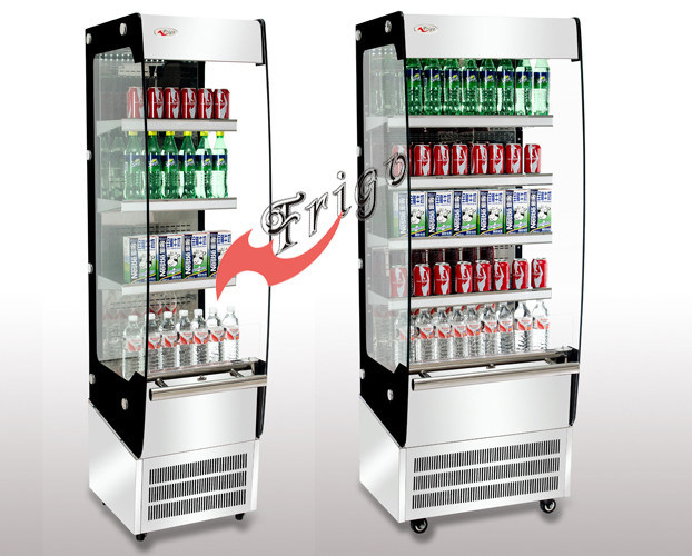 Curved Glass Slim Open Refrigerated Display Case 3 Shelves With LED Light